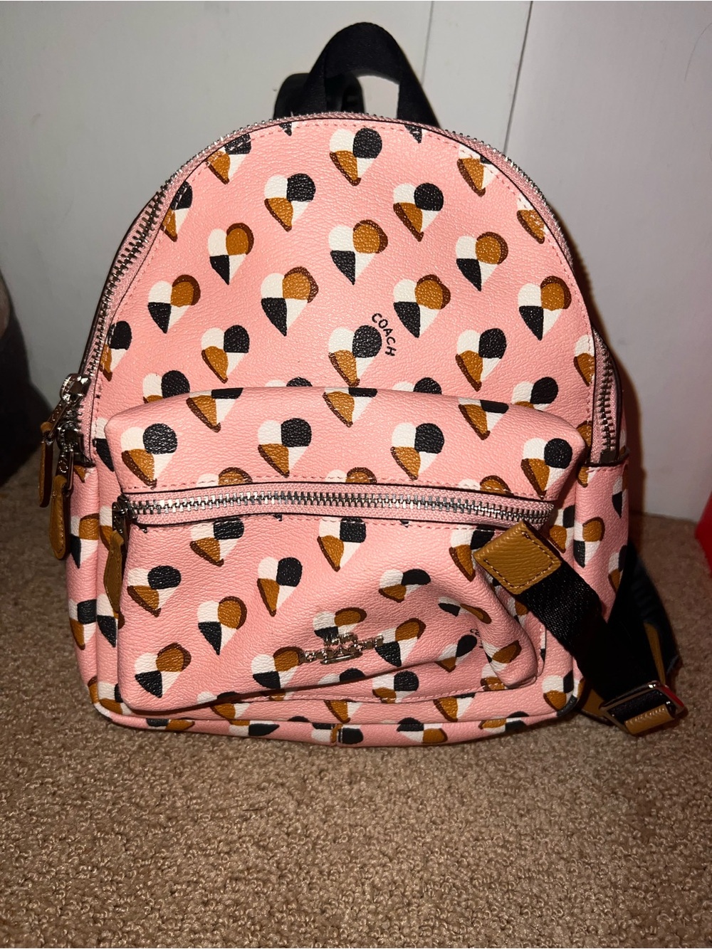 Coach Pink Mini Backpack with Multicolor Heart Print